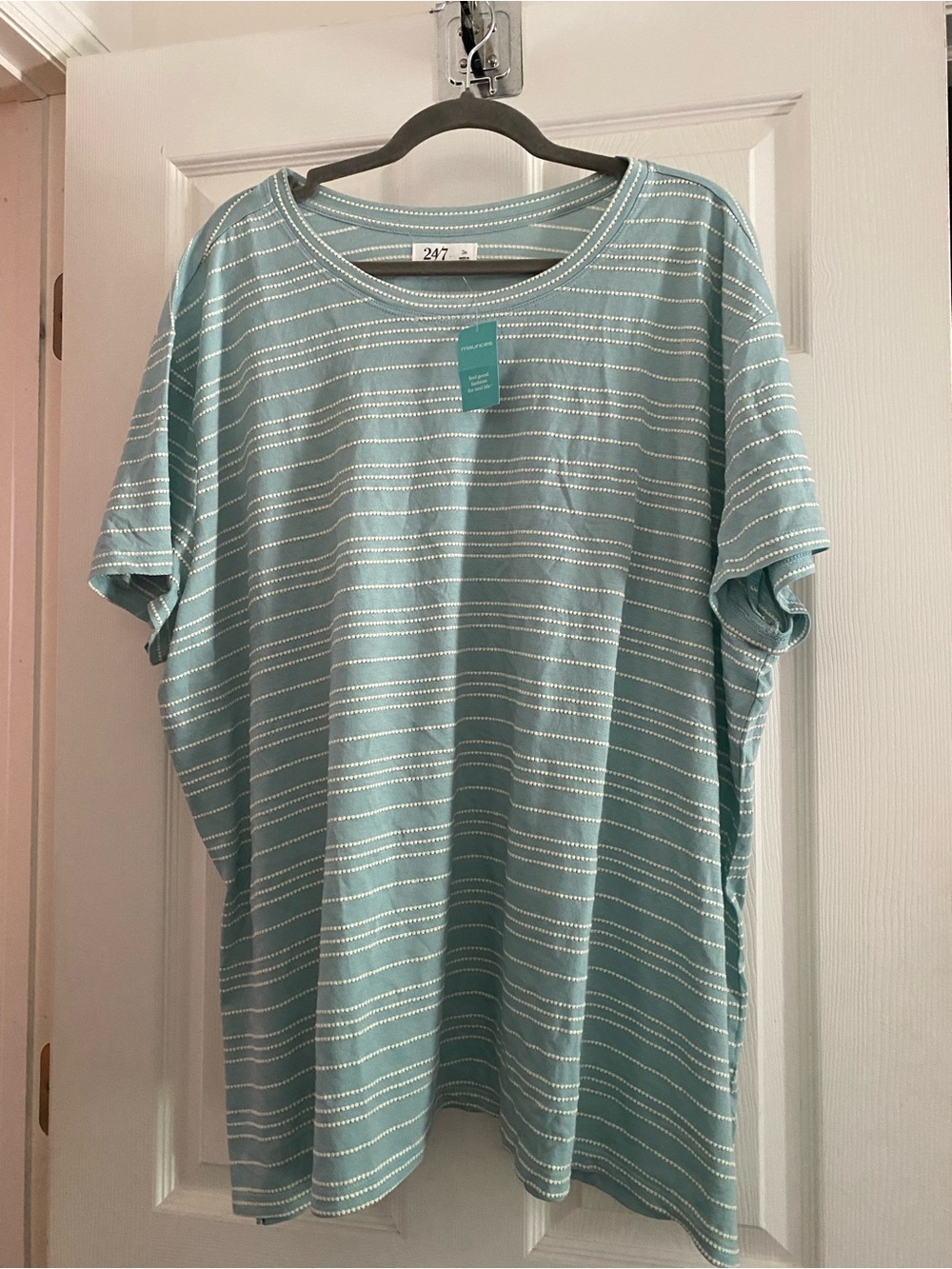 Maurices 24/7 Women's Light Teal Striped Short Sleeve Crew Tee - Relaxed Fit- 3X